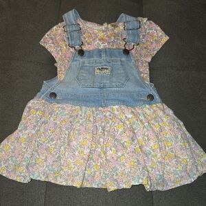 OshKosh B'gosh Floral Denim Overall Dress With Floral Ruffle Bodysuit
